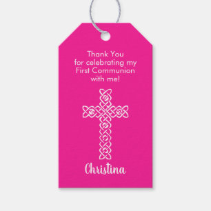 Étiquettes-cadeau Croix   Chaud rose Communion Baptême Christening