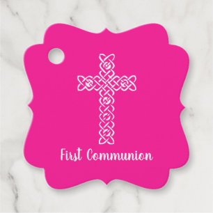 Étiquettes Cadeau Croix   Chaud rose Communion Baptême Christening