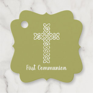 Étiquettes Cadeau Croix Communion Vert Jaune Baptême Christening