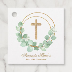 Étiquettes Cadeau Croix d'or communion eucalyptus