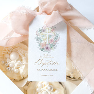 Étiquettes-cadeau Croix d'or rose Floral Elégant Aquarelle Baptême
