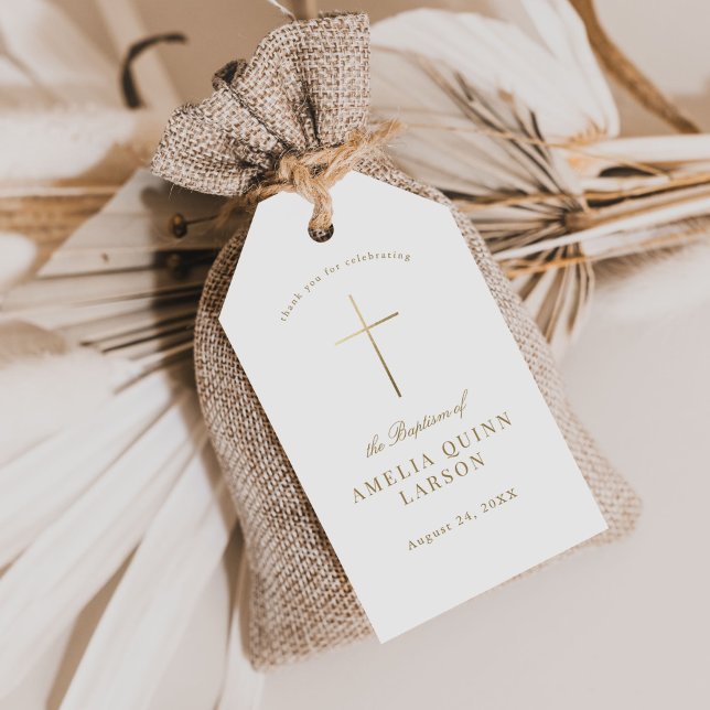 Étiquettes-cadeau Croix d'or simple élégant Baptême Christening (Créateur téléchargé)