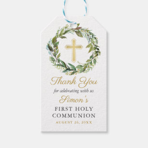 Étiquettes-cadeau Croix d'or Verdure Première communion sainte Wrea
