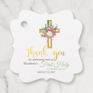 Étiquettes Cadeau Croix dorée florale Première communion