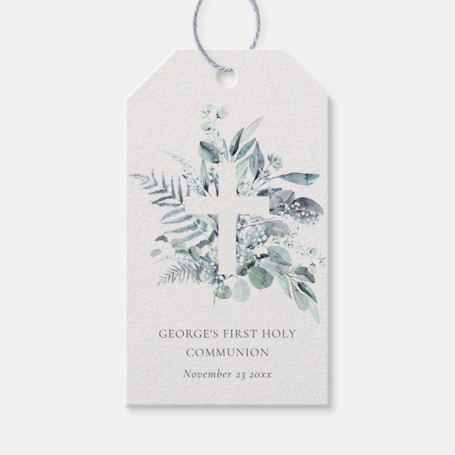 Étiquettes-cadeau Croix du feuillage Eucalyptus Première communion s (Devant)