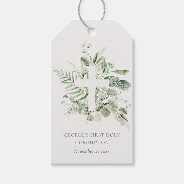 Étiquettes-cadeau Croix du feuillage Eucalyptus Première communion s (Devant)