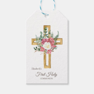 Étiquettes-cadeau Croix florale dorée Première Sainte Communion