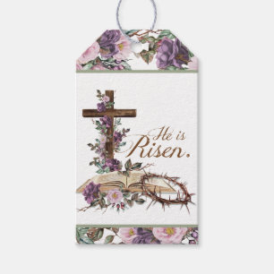 Étiquettes-cadeau Croix florale pourpre Il est ressuscité