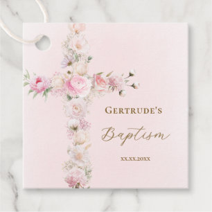 Étiquettes Cadeau Croix florale rose de baptême