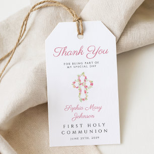 Étiquettes-cadeau Croix florale rose élégante pour première communio