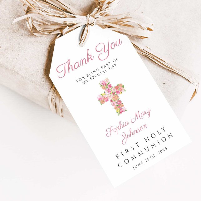 Étiquettes-cadeau Croix florale rose Première communion religieuse (Pink Floral Cross Religious First Communion Gift Tags)