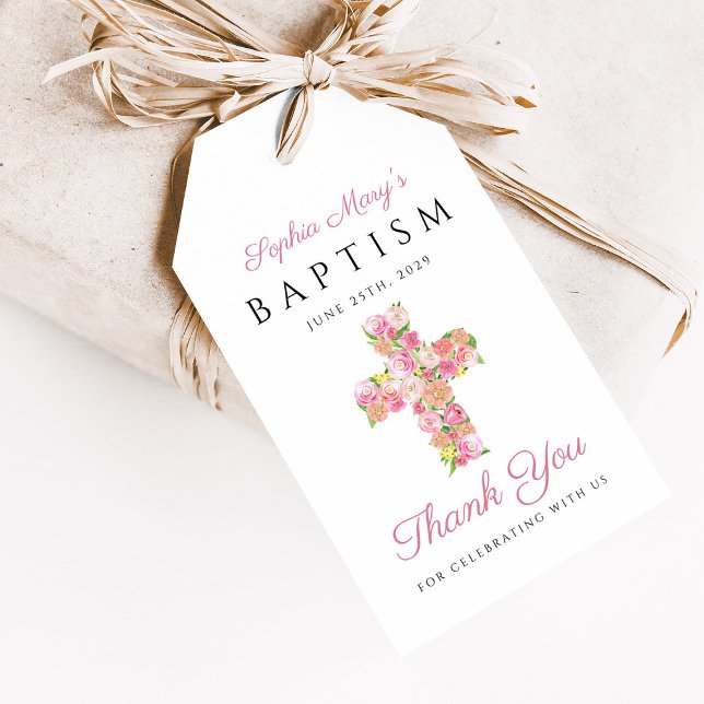 Étiquettes-cadeau Croix florale rose religieuse Merci de baptême (Religious Pink Floral Cross Baptism Thank You Gift Tags)