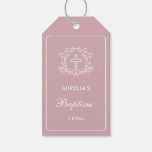 Étiquettes-cadeau Croix florale simple sur le baptême rose