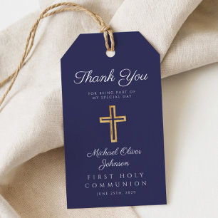 Étiquettes-cadeau Croix Religieuse Bleu Marine Garçon Première Commu