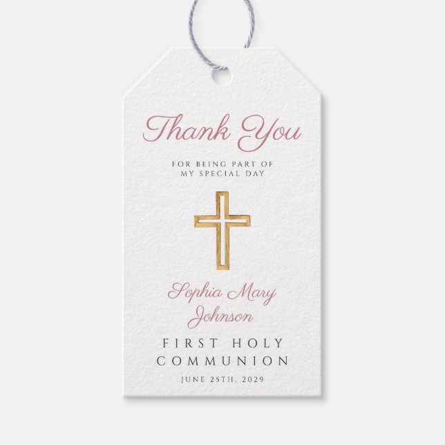 Étiquettes-cadeau Croix religieuse Fille rose rayures première commu (Devant)