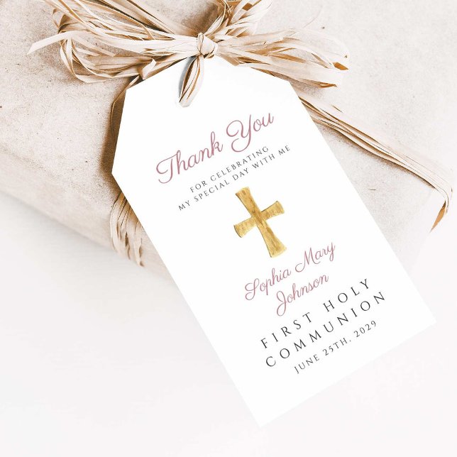 Étiquettes-cadeau Croix religieuse Première communion rose (Religious Cross Girl Pink First Communion Gift Tags
)