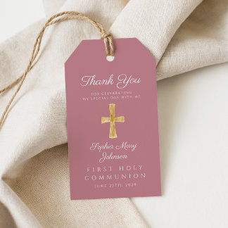 Étiquettes-cadeau Croix religieuse rose élégante Première communion