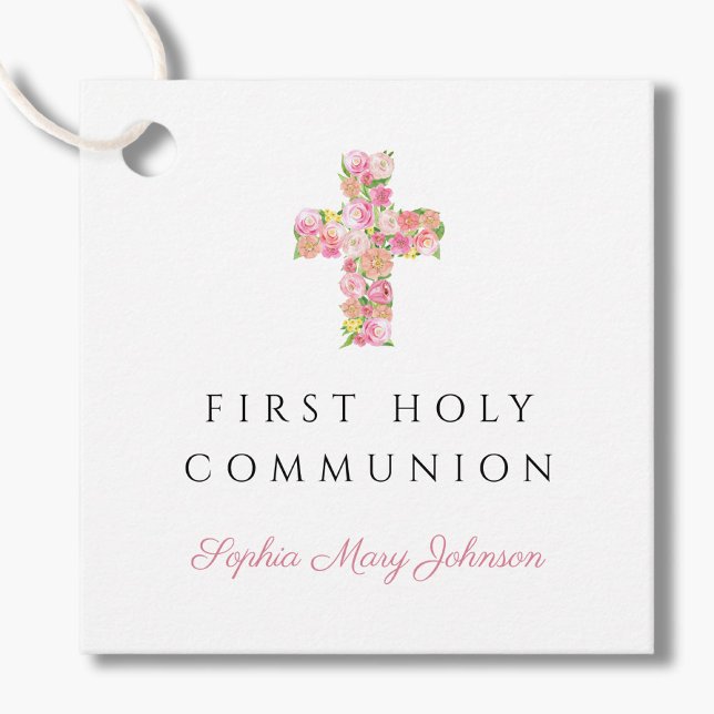 Étiquettes Cadeau Croix religieuse rose florale Première communion d (Pink Floral Religious Cross Girl First Communion Favor Tags)