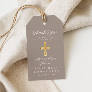 Étiquettes-cadeau Croix religieuse taupe Garçon Première communion