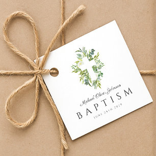 Étiquettes Cadeau Croix Religieuse Verte Botanique Baptême