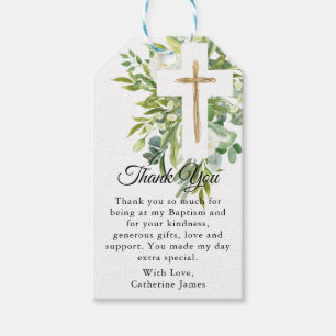 Étiquettes-cadeau Croix végétale florale Baptême élégant