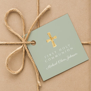 Étiquettes Cadeau Croix vert sauge élégant Première Communion
