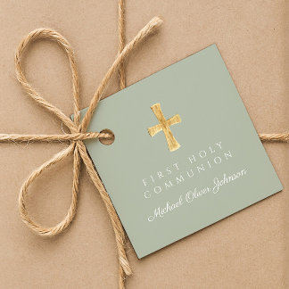 Étiquettes Cadeau Croix vert sauge élégant Première Communion