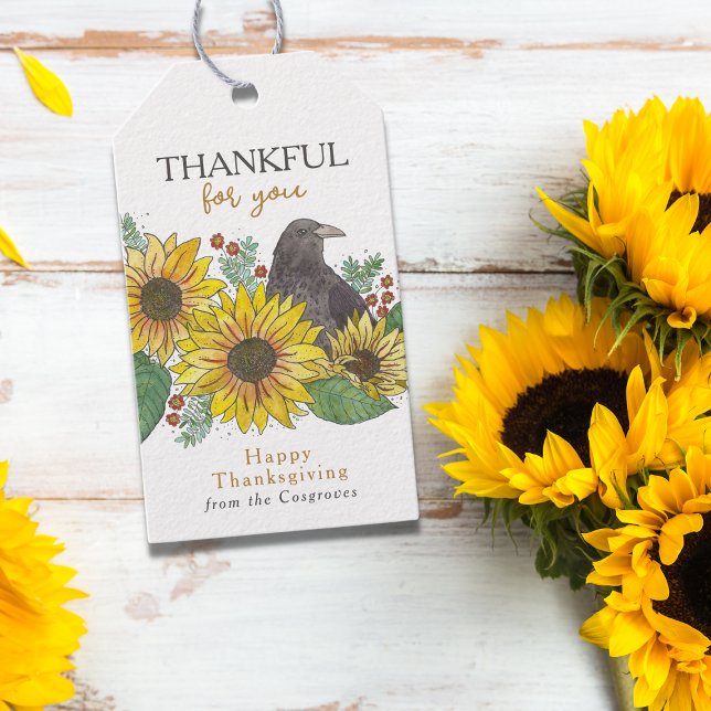 Étiquettes-cadeau Crow d'automne dans les tournesols Aquarelle Thank (Watercolor Crow in Sunflowers Thankful for You Thanksgiving Gift Tag)