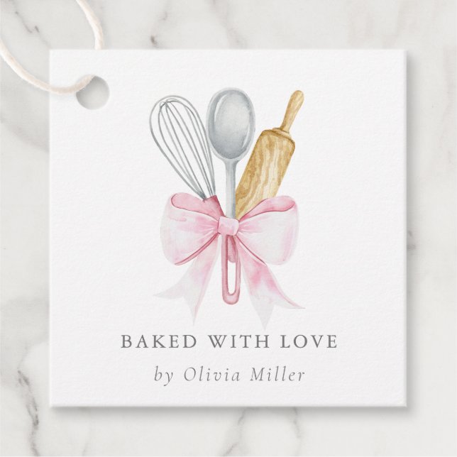 Étiquettes Cadeau Cuit Avec Amour Élégant Bow Rose Personnalisé (Devant)
