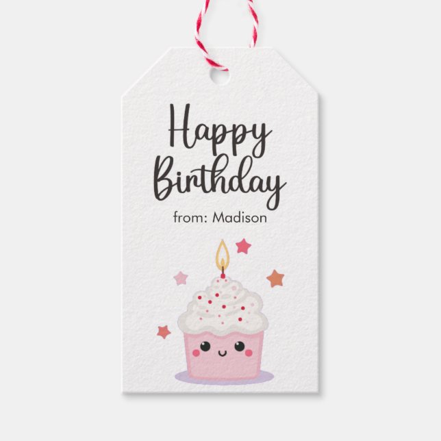 Étiquettes-cadeau Cupcake Cute Et Bougie Lumineuse Joyeux Anniversai (Devant)