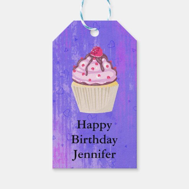 Étiquettes-cadeau Cupcake sucré avec framboise en haut de l'annivers (Devant)