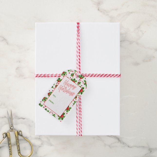 Étiquettes-cadeau Custom Classic Holiday Green Holly Red Berries (Avec de la ficelle)