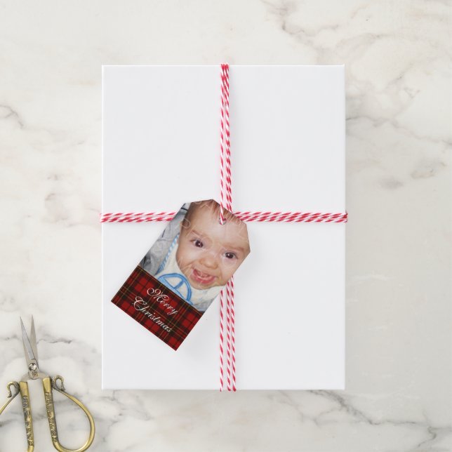 Étiquettes-cadeau Customisez-le avec votre photo + Tartan rouge (Avec de la ficelle)