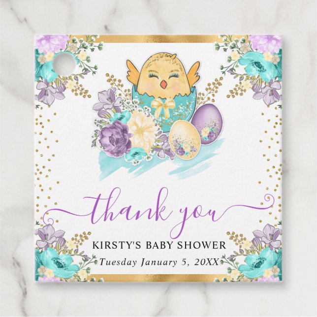 Étiquettes Cadeau Cute aquarelle Baby shower de poussins et d'oeufs (Devant)