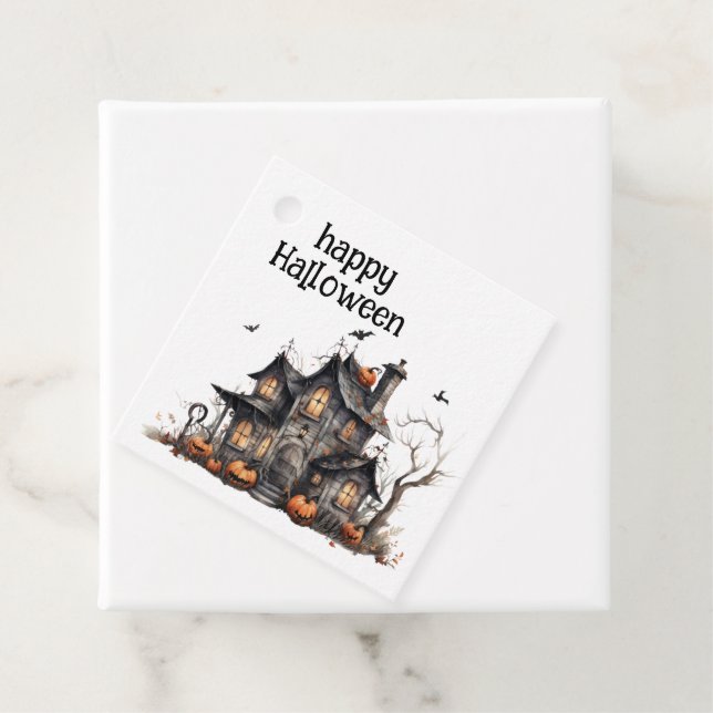 Étiquettes Cadeau Cute Aquarelle Maison Hantée Halloween (En situation)