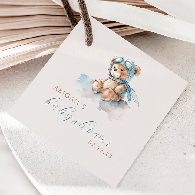 Étiquettes Cadeau Cute Aquarelle Teddy Bear Baby shower Garçon bleu (Créateur téléchargé)