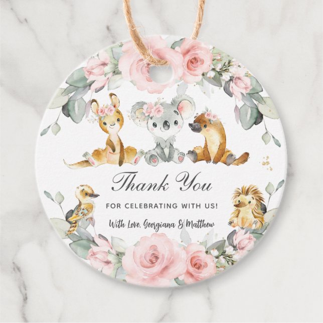 Étiquettes Cadeau Cute Australian Animals Rose Floral Vert (Devant)