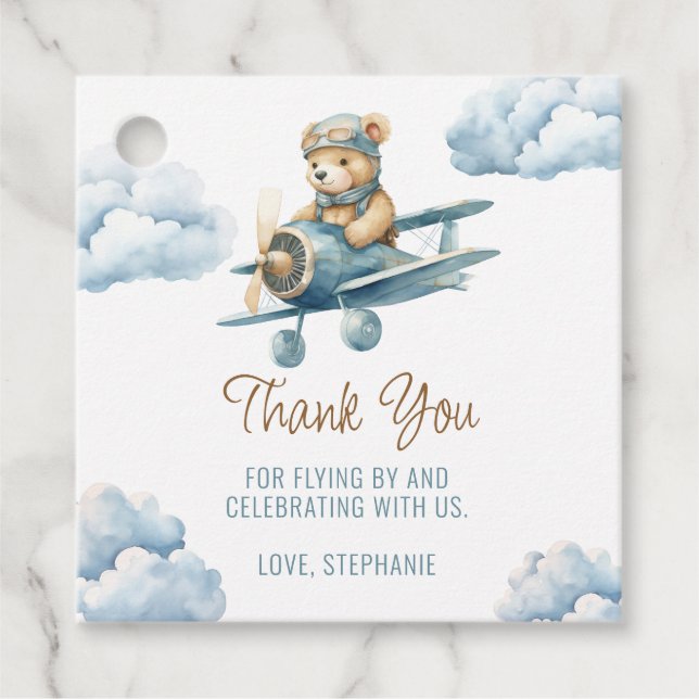 Étiquettes Cadeau Cute Bear Avion Blue Boy Baby shower (Devant)
