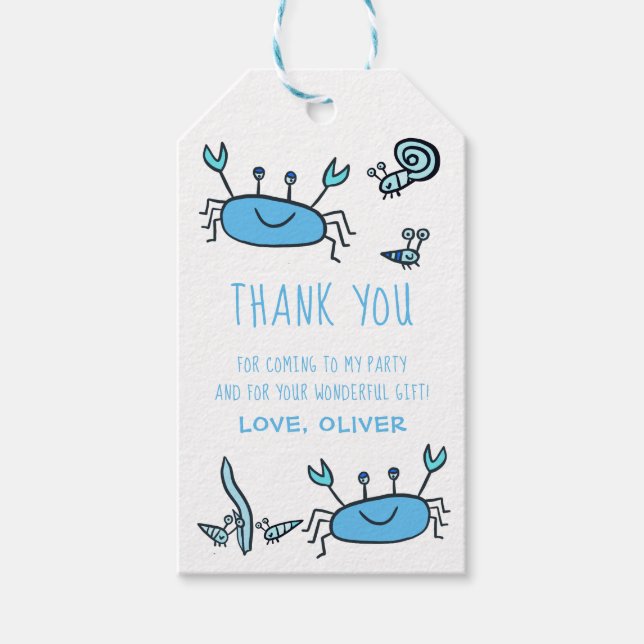 Étiquettes-cadeau Cute Blue Crab Sea Animaux Garçon Anniversaire Mer (Devant)