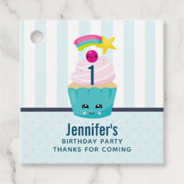 Étiquettes Cadeau Cute Blue Cupcake avec Kawaii Face Anniversaire Me