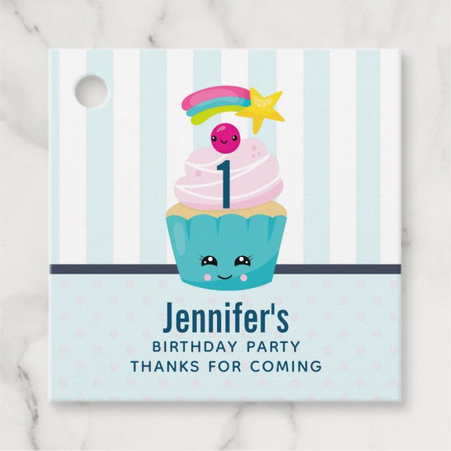 Étiquettes Cadeau Cute Blue Cupcake avec Kawaii Face Anniversaire Me (Devant)