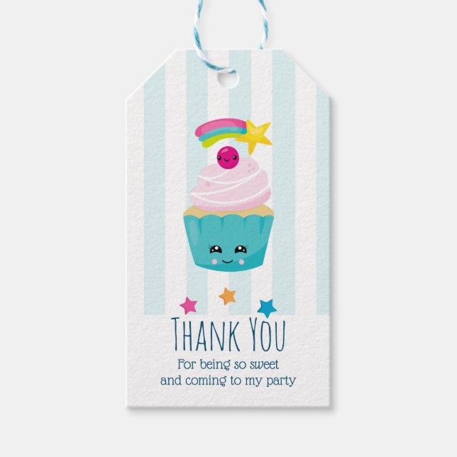Étiquettes-cadeau Cute Blue Cupcake avec Kawaii Face Anniversaire Me (Devant)