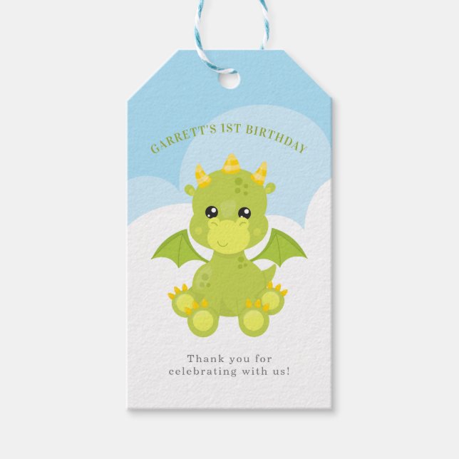 Étiquettes-cadeau Cute Boy Dragon 1er anniversaire (Devant)