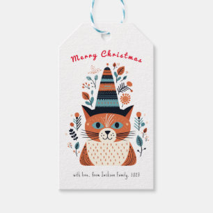 Étiquettes-cadeau Cute Chat Scandinave Folk Art Noël