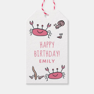 Étiquettes-cadeau Cute Crabe Rose Animaux de mer Fille Joyeux Annive