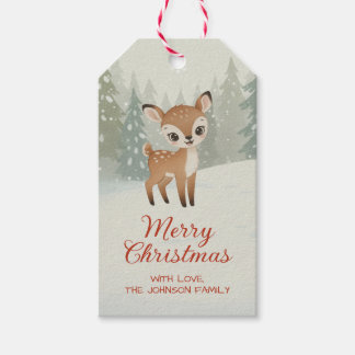 Étiquettes-cadeau Cute Deer in Winter Forest Merry Christmas