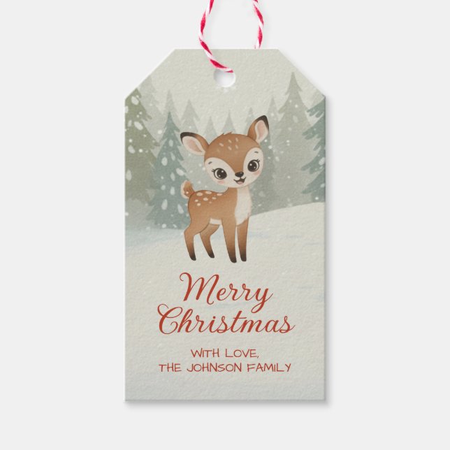 Étiquettes-cadeau Cute Deer in Winter Forest Merry Christmas (Devant)