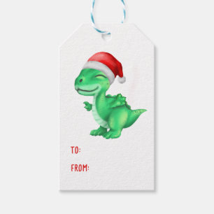 Étiquettes-cadeau Cute Dinosaur Santa Hat Enfants Noël vert