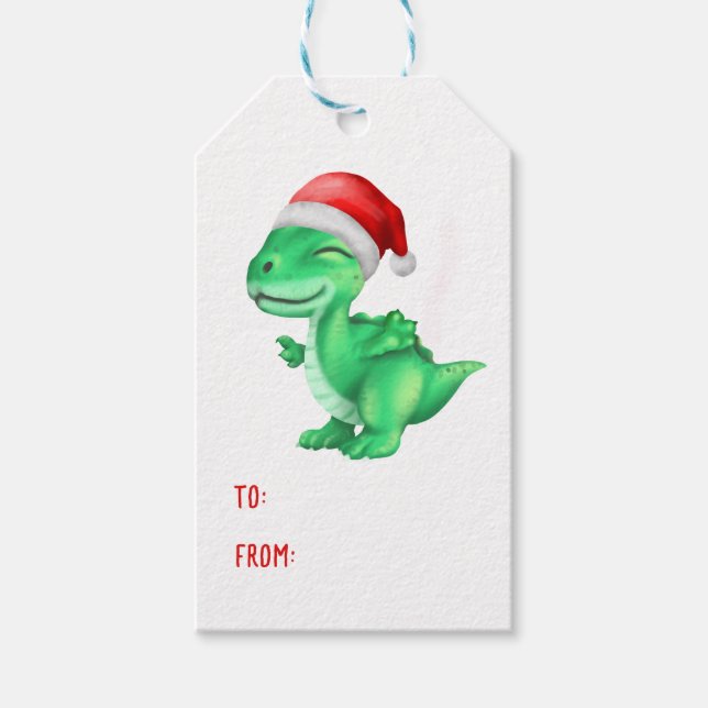 Étiquettes-cadeau Cute Dinosaur Santa Hat Enfants Noël vert (Devant)