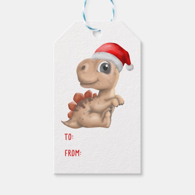 Étiquettes-cadeau Cute Dinosaur Santa Hat Enfants Tan Noël (Devant)